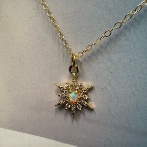 Radiant 14k Gold Plated Starburst Necklace with Opal Center